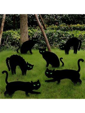 Halloween Decorations Outdoor, 6ct Black Cat Decor with Stakes, Waterproof
